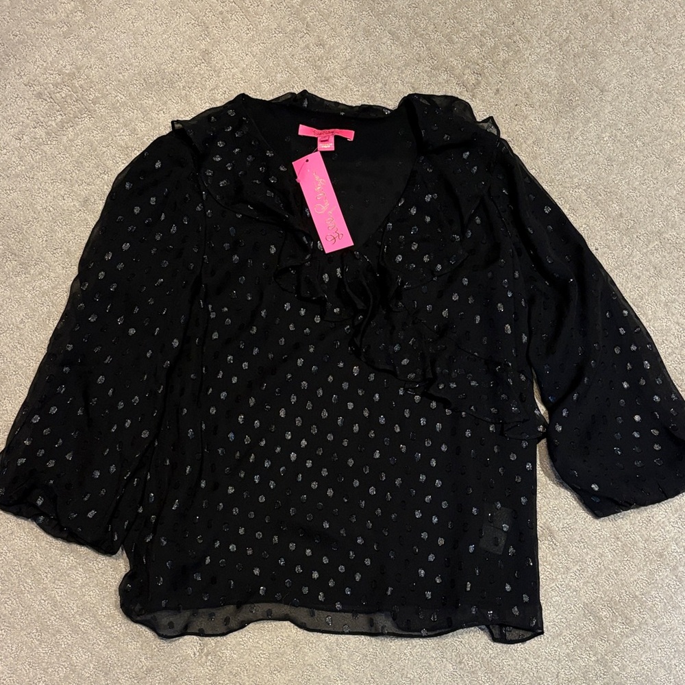 Lilly Pulitzer Black Olenna Silk Blouse with Metallic Dots - Picture 3 of 6